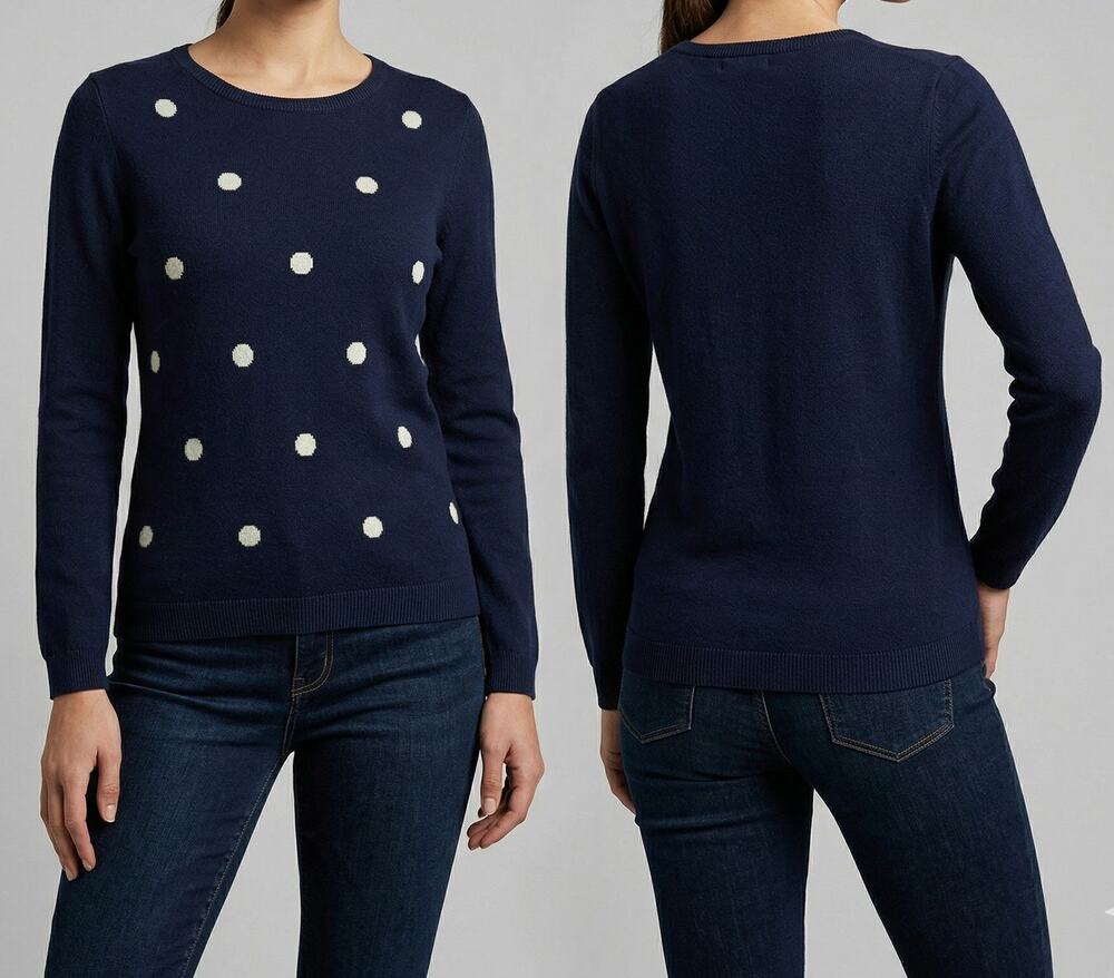 Banana Republic Factory Small Petite Navy Blue With White Polka Dot Sweater